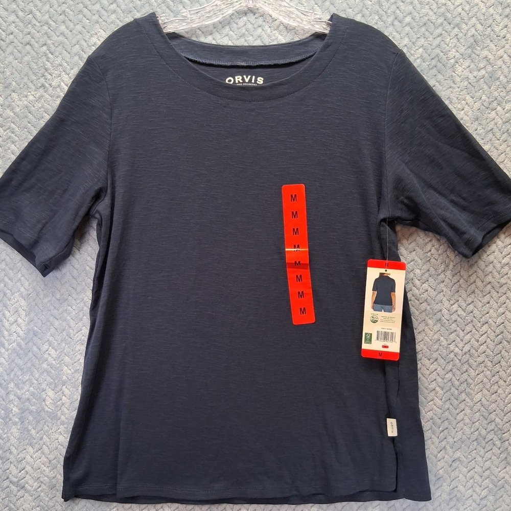 Orvis Navy Blue Pima Cotton Slub Knit Short Sleeve Tee Shirt Womens Medium NWT